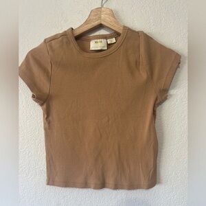 Anthropologie Maeve Ribbed Short Sleeve Tee in Taupe